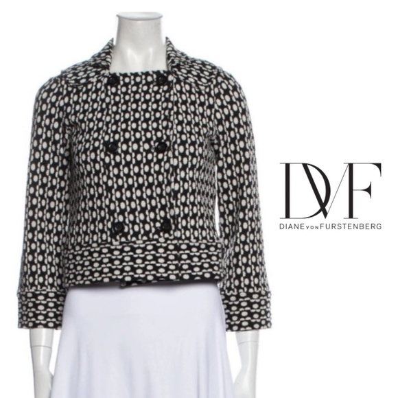 Diane Von Furstenberg Esperanza Blazer DVF Black White Polka-Dot Cropped- Size 2 - Picture 1 of 14